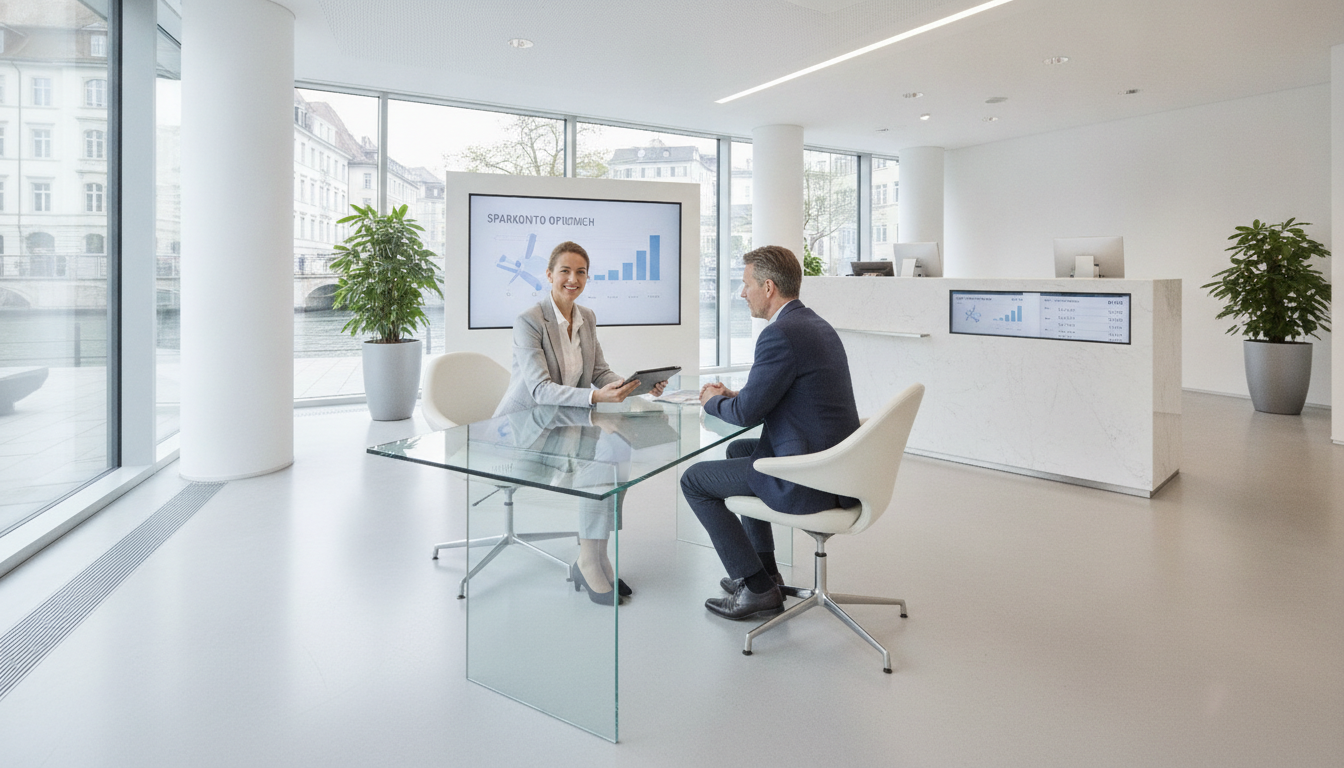 Finanzberaterin erklärt in moderner Bankfiliale Optionen zur Geldanlage für Rücklagen