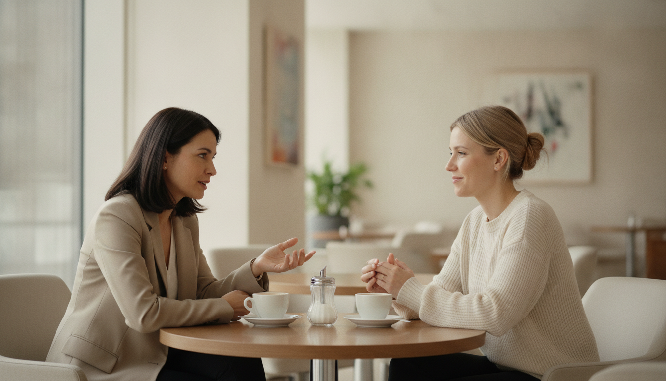 Zwei Frauen führen ein offenes Gespräch über faire Vereinbarungen bei Kaffee