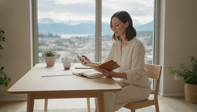 Frau plant am hellen Schreibtisch mit Blick auf Zürich ihre finanzielle Reserve