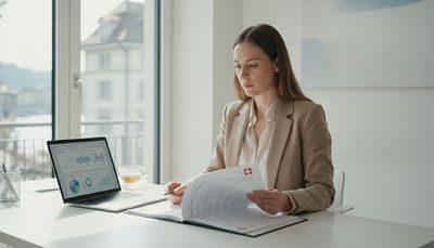 Frau prüft Unterlagen zur Prämienverbilligung am Schreibtisch im hellen Büro
