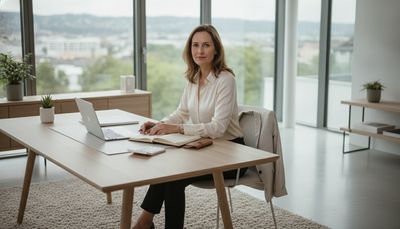 Frau plant am Schreibtisch im Homeoffice finanzielle Vereinbarungen